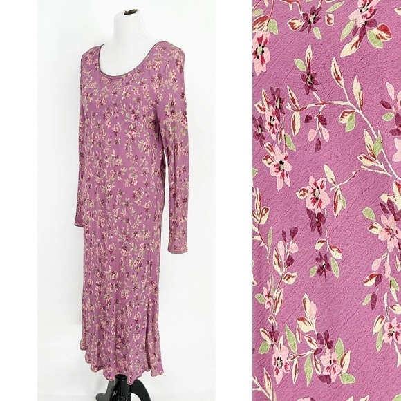 Vintage Dresses & Skirts - Vintage Karavan Purple Floral Bias Cut Maxi Dress Long Sleeve XL Ditsy Floral
